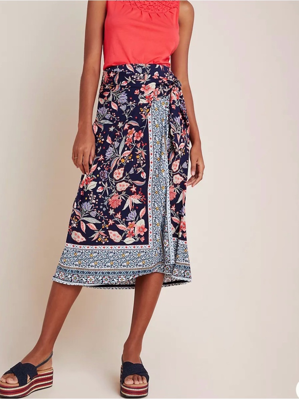 Anthropologie Maeve Navy Floral Border Wrap Midi Skirt